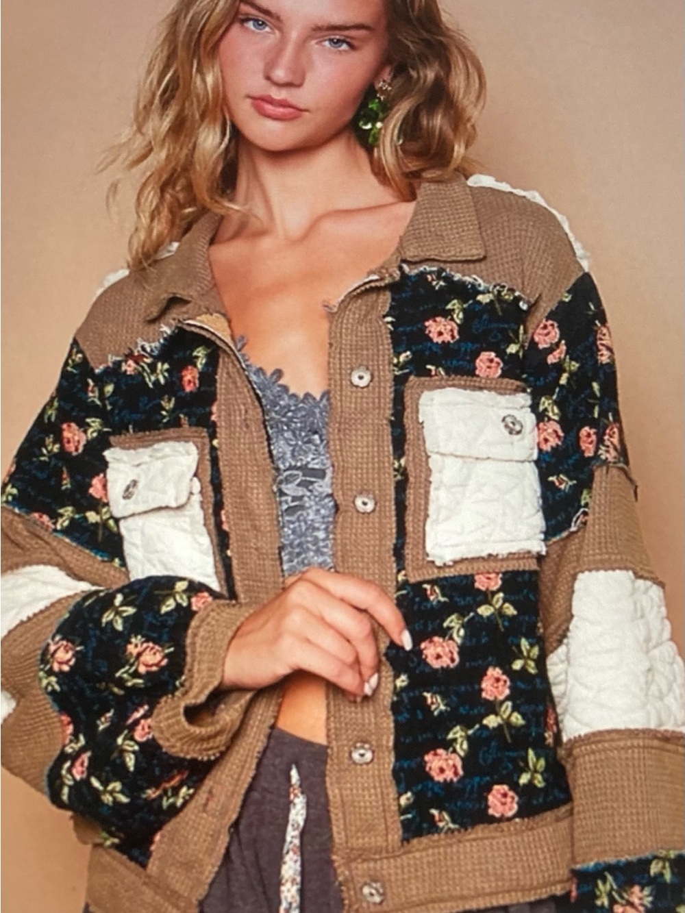 POL Floral Patchwork Quilted Jacket in Brown and Cream